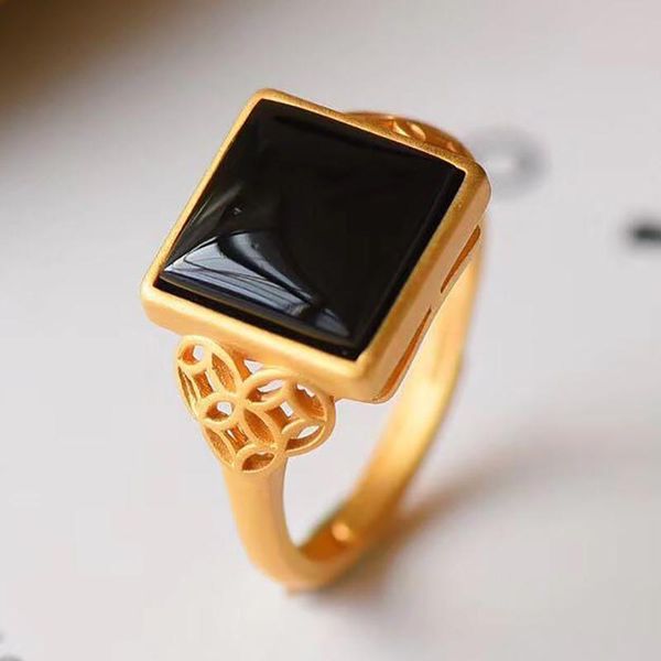 

cluster rings ssilver natural hetian moyu square female ring retro noble mysterious temperament elegant opening adjustable women's, Golden;silver
