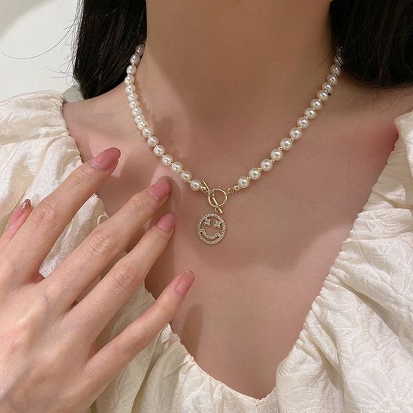 

pendant necklaces hip hop rhinestone metallic coin smile necklace for women chunky chain toggle clasp circle chokers jewelry, Silver