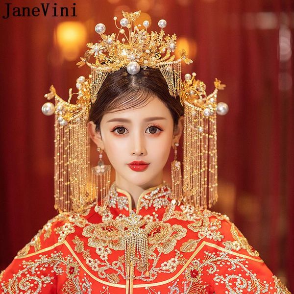 

hair clips & barrettes janevini luxury gold crystal bridal headband chinese style traditional hairpin big pearls bride wedding accesories wo, Golden;silver