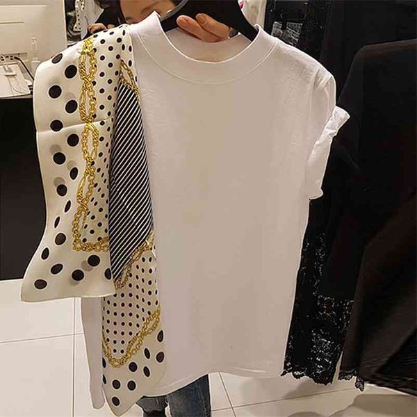 

women's elegant t shirt polka dot silk scarf stitching short-sleeved casual loose chic japan t-shirt korean fashion tees gd017 210401, White
