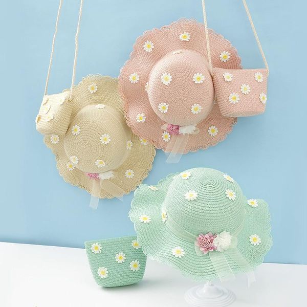 

wide brim hats girls travel sun hat spring and summer models small daisy children's straw wild beautiful flower decoration, Blue;gray