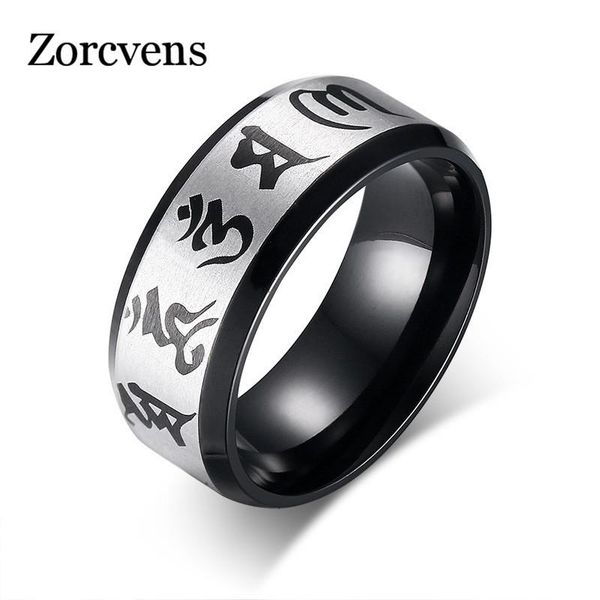 

cluster rings zorcvens 2021 wedding for men jewelry stainless steel ring traditional om mani padme hum black color, Golden;silver