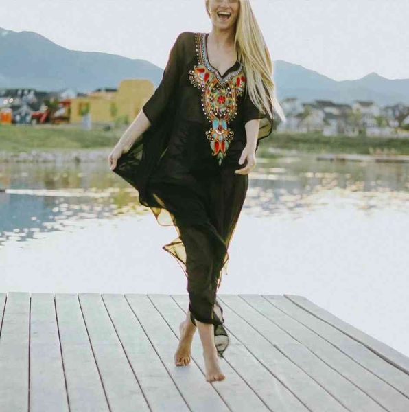 

black embroidered summer beachwear chiffon kaftan beach woman tunic bath dress robe plage swim wear cover up #q960 210420, White;black