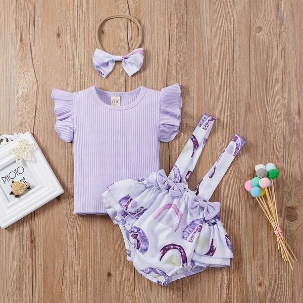 

clothing sets 0-18m cute born baby girl solid t-shirt rainbow print bow suspender shorts headband 3pcs set, White
