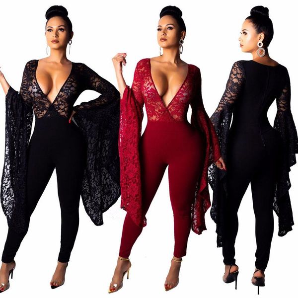 

women's jumpsuits & rompers lace flare long sleeve black deep v neck jumpsuit women one piece club party bodysuits bodycon, Black;white