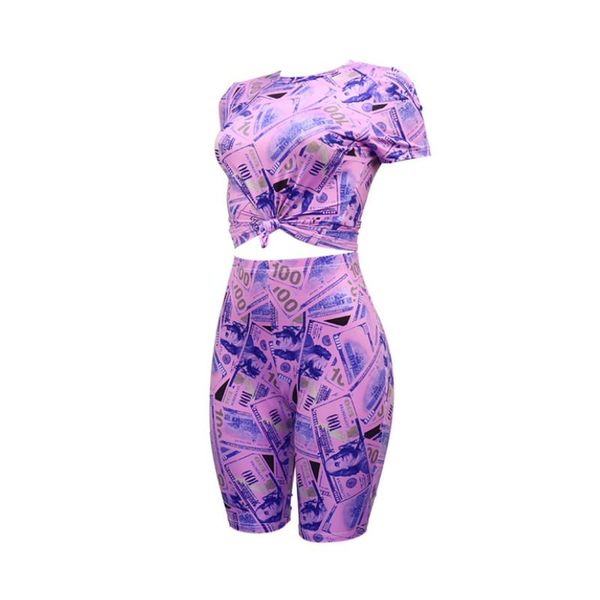 

women's tracksuits 2 pieces suit set, female casual dollar print round neck short sleeve + pants for summer 2021 daily wear, Gray