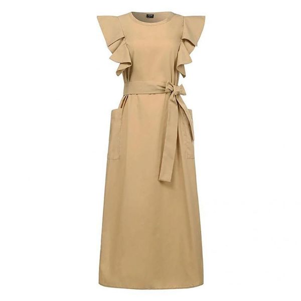 

casual dresses soft ruffle mid-calf belt midi dress shrink-resistant pocket sundress, Black;gray