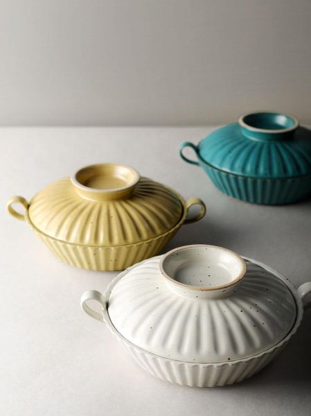 

handmade ceramic large noodle bowl stoare tableware with lid japanese style binaural soup baking tray household storage bottles & jars