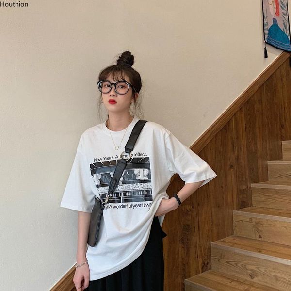

women's t-shirt houthion loose plus size fashion short sleeve t shirt letter printing o-neck tshirt summer casual top, White