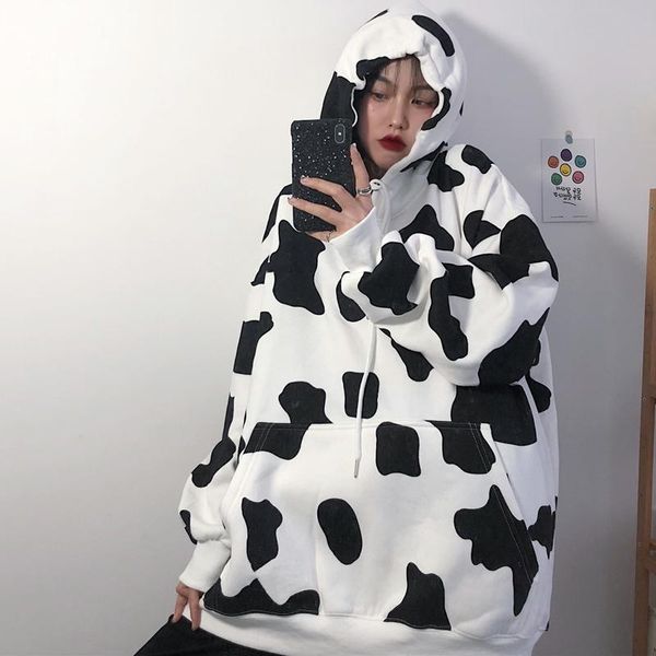 

fashion cow speckle velvet sweatshirt autumn and winter 2021 loose coat hoodies women harajuku streetwear aesthetic clothes women's & s, Black