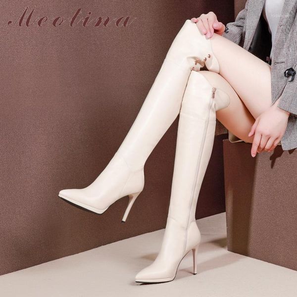 

boots meotina winter over the knee women natural genuine leather thin heel long zipper super high shoes lady size 391 77f8, Black