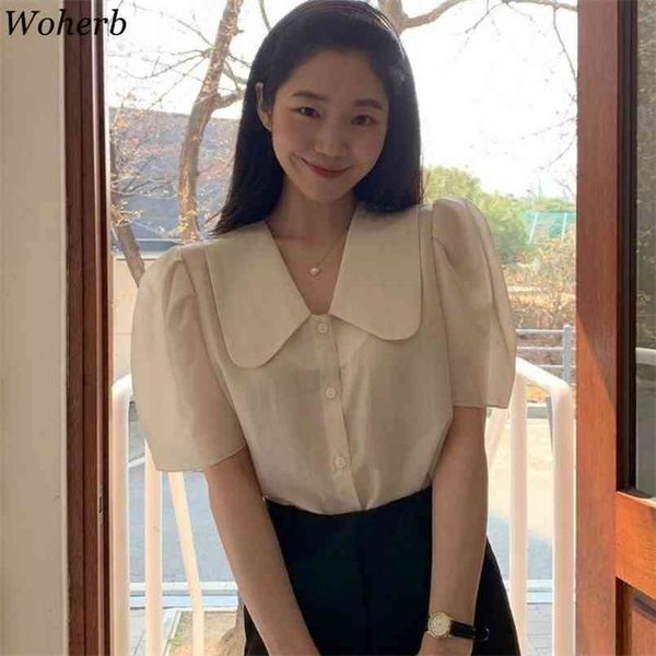 

women shirt summer korean elegant puff short sleeve blouse sweet peter pan collar slim waist temperament 210519, White