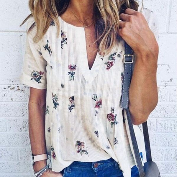 

women blouse floral v-neck short sleeve plus size summer fashion women casual loose shirt blusas feminine female x0521, White