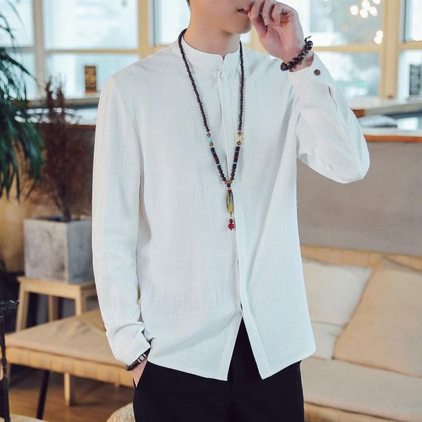 

autumn men's long-sleeved shirt cotton linen slim casual youth white japanese mens shirts, White;black