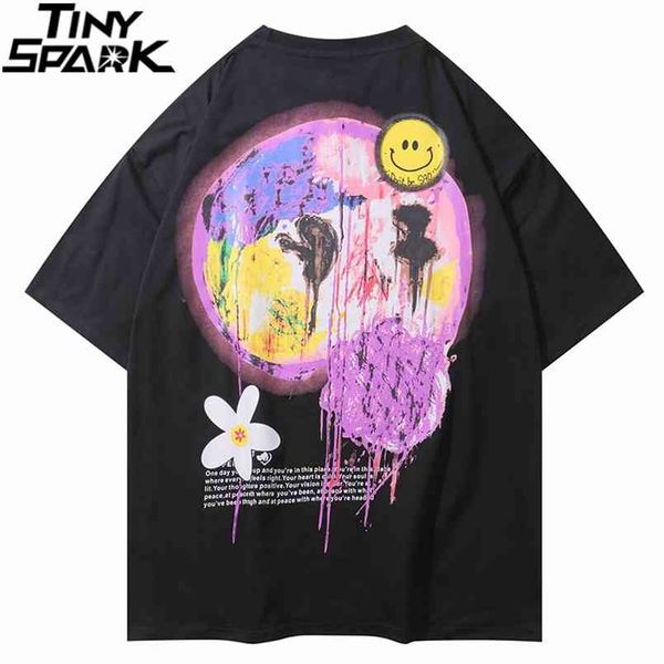

hip hop streetwear t-shirt men painting flower face print tshirt harajuku cotton casual short sleeve t shirt black white 210707, White;black