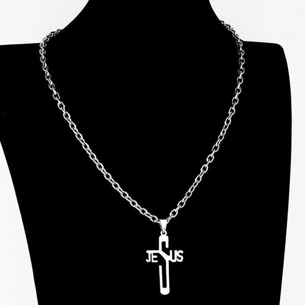 

fashion stainless steel jesus cross pendant necklace of catholic charm alloy chain jewelry gift for men women necklaces, Silver