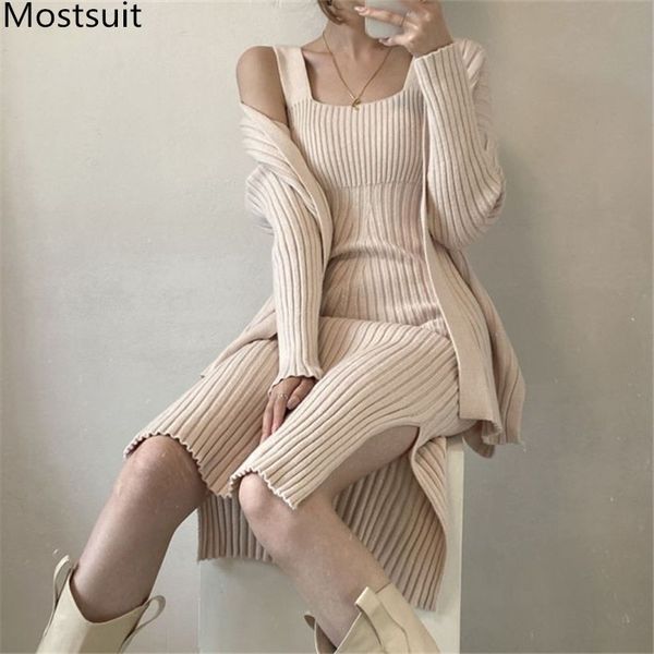 

korean knitted two piece sets women spring cardigan + sleeveless dress suits fashion elegant ladies female outfts 210518, White