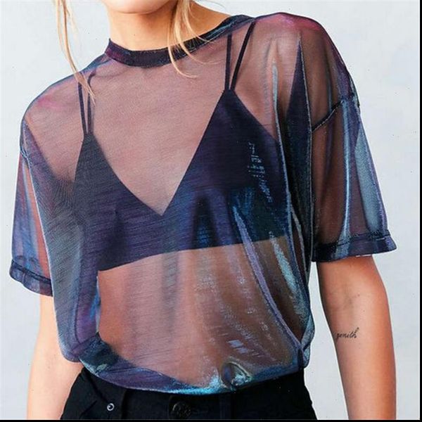 

short sleeves mesh women shirt see through solid and female clothes, White