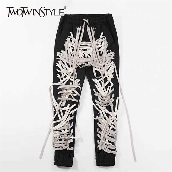 

twotwinstyle hit color patchwork bandage women's trouser high waist casual slim pants for female summer streetwear fashion 210925, Black;white