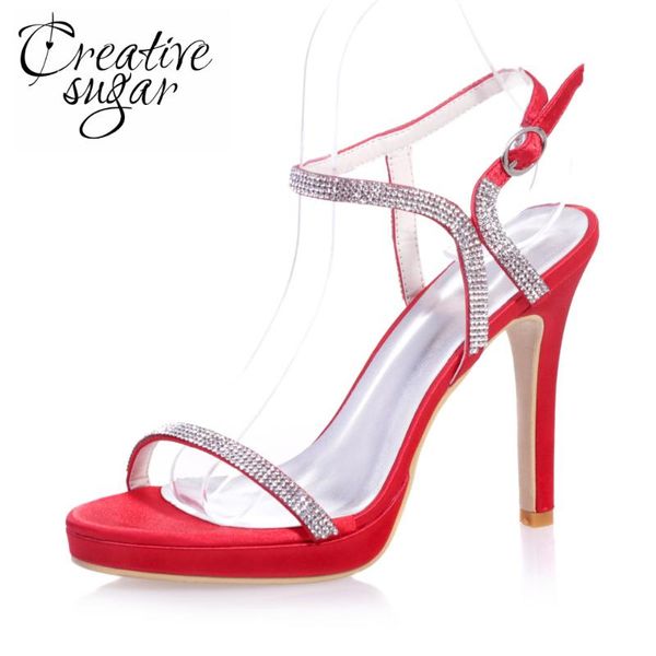

creativesugar ladies elegant rhinestone diamond band stiletto sandals summer satin dress shoes red ivory blue white purple, Black