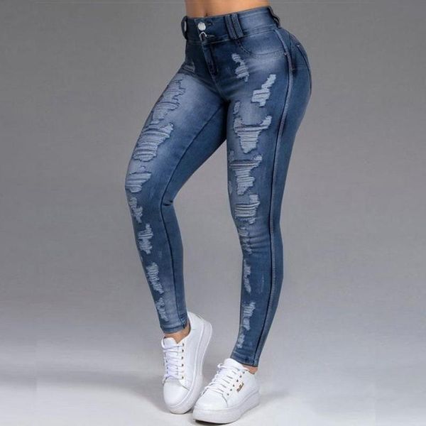 

women's jeans libieliy woman high waist hole skinny pencil denim stretch slim fitness pants trousers female streetwear, Blue