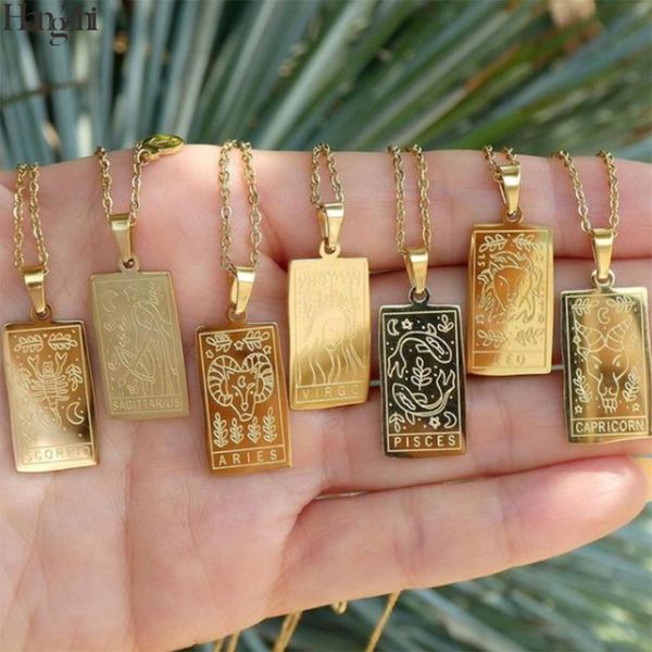 

pendant necklaces hangzhi 2021 12 constellation collars gold color geometric square vintage necklace for women jewelry birthday gifts, Silver
