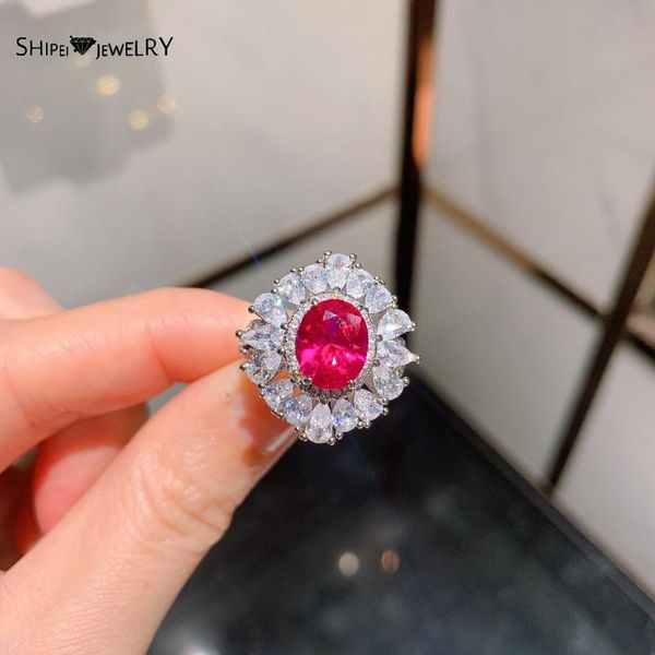 

cluster rings shipei 100% 925 sterling silver oval cut ruby created moissanite gemstone wedding engagement fine jewelry vintage ring for wom, Golden;silver