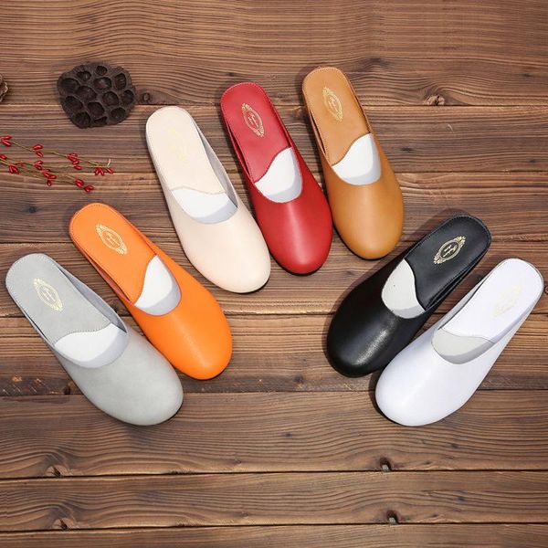 

shoes low slippers flat cover toe slipers women slides genuine leather 2021 soft retro rome fabric casual rubber pu basic, Black
