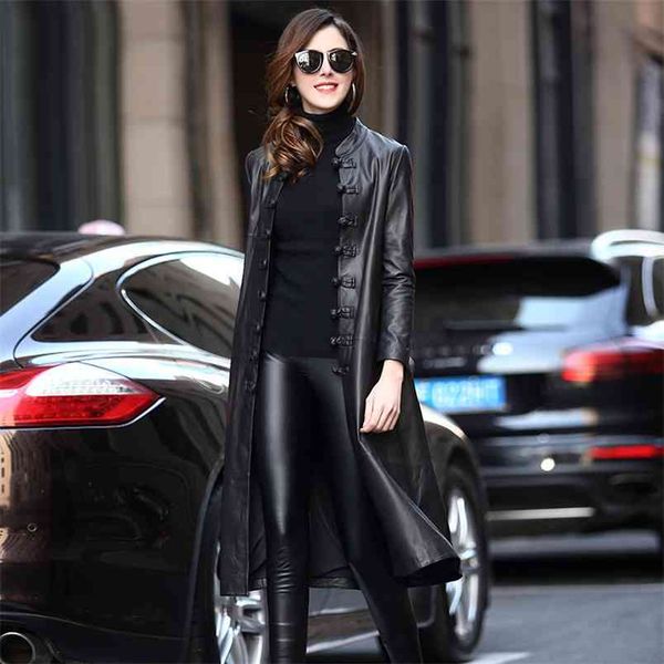 

nerazzurri autumn long black soft faux leather coat women long sleeve mandarin collar elegant luxury chinese style fashion 210923