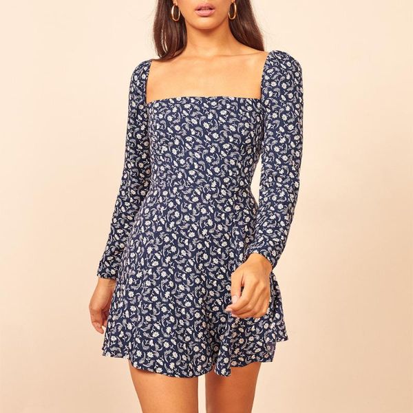 

casual dresses women 2021 square neck floral print vintage dress back smocked long sleeve fit and flare mini woman clothes, Black;gray