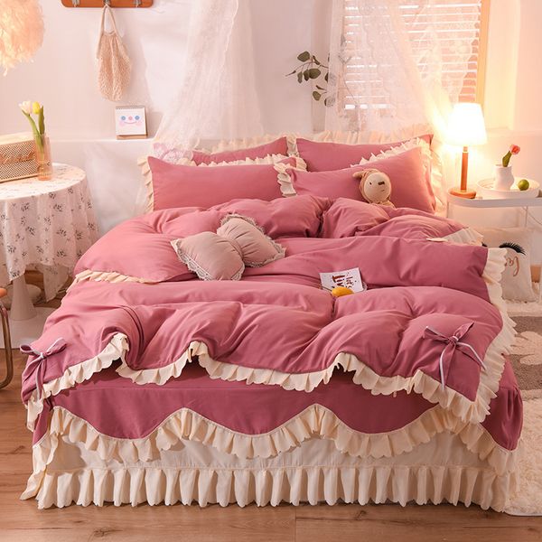 

pure color cotton thickened grinder four piece set korean bed skirt sheet pillow princess quilt cover bedding