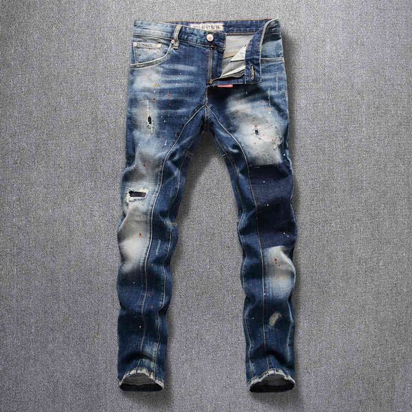 

men's jeans italian style fashion retro blue slim fit ripped painted designer punk pants streetwear hip hop homme y2b2