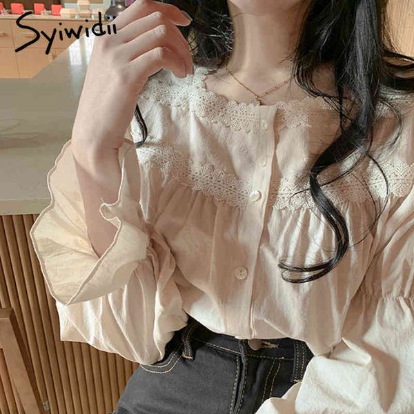 

syiwidii square collar button up shirt vintage long puff sleeve korean womens beige lace sweet girl womens spring fall 210417, White