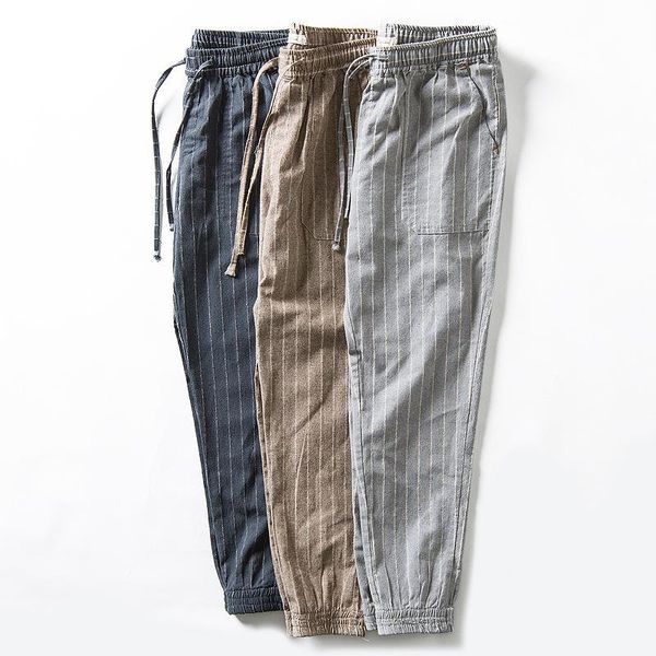

men's pants autumn men's linen striped casual capris 2021 young loose and versatile elastic waist leggings harlan, Black