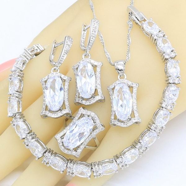 

wedding jewelry sets 925 silver for women white zircon bridal bracelet earrings necklace pendant rings gift box, Slivery;golden