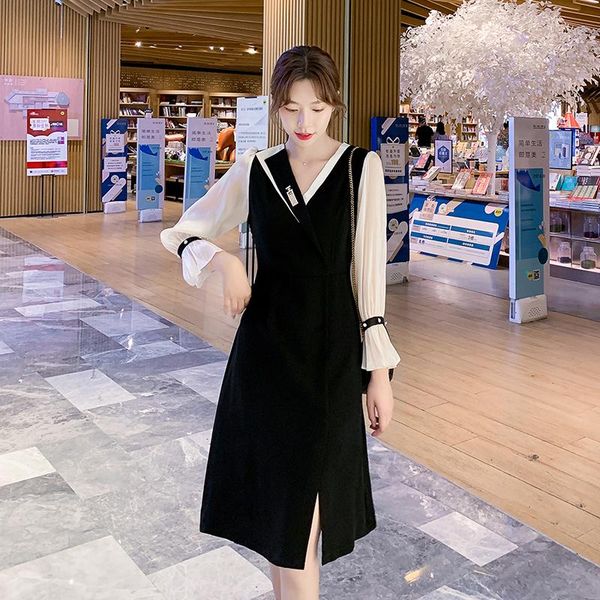 

casual dresses coigarsam women long dress autumn 2022 office lady full sleeve patchwork solid flare v-neck black robe, Black;gray