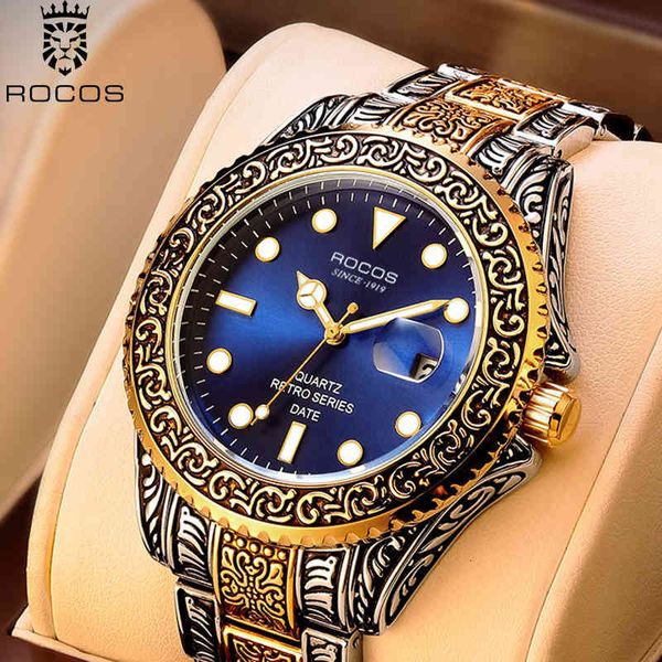 

watch rocos 2021 mens es brand tungsten steel chronograph waterproof sport luminescence quartz for men r0406, Slivery;brown