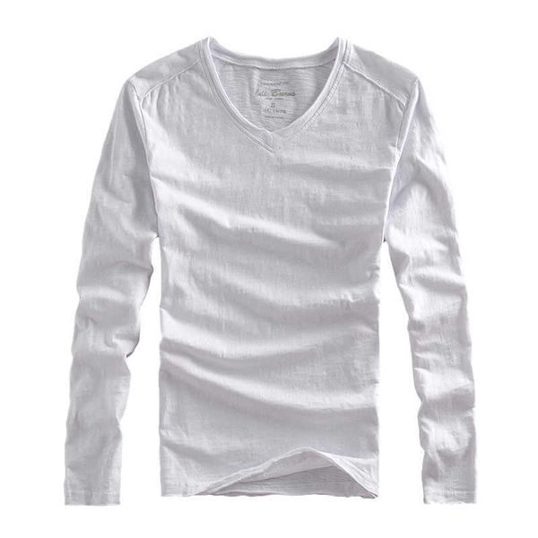 Retro T Gömlek Erkekler Uzun Kollu Rahat Beyaz Tees Temel 100% Pamuk İlkbahar Yaz V Yaka Katı Renk Erkek Giyim Tops 210601