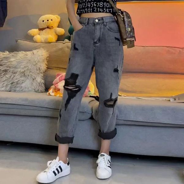 

women's jeans ripped women 2021 summer large size straight harem high waist old pants loose cropped trousers, Blue