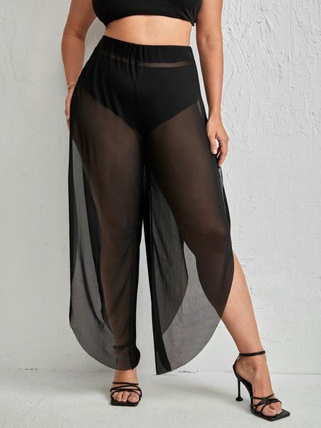 

plus split side sheer mesh cover up pants z4st#, Black