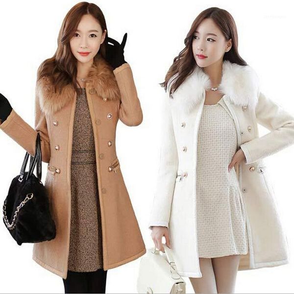 

women's wool & blends woman coat outerwear winter korean womens thick woolen fur collar double breasted slim long trench coats, Black