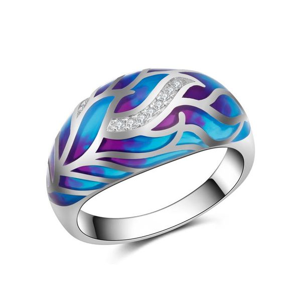 

cluster rings ogulee silver 925 skinny micro pave cz handmade enamel blue feathers fashion women jewerly wedding party luxury big, Golden;silver