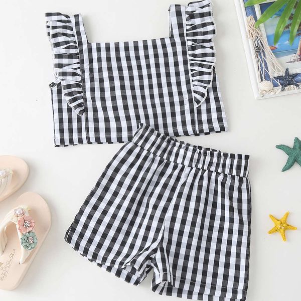 

boys and girls suits children's summer girl's foreign style suspender vest children's shorts plaid two piece set, White