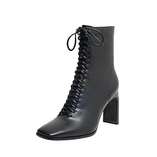 

asumer come genuine leather boots feminine toe square cross tied zip high heels ladies dress up in party shoes, Black