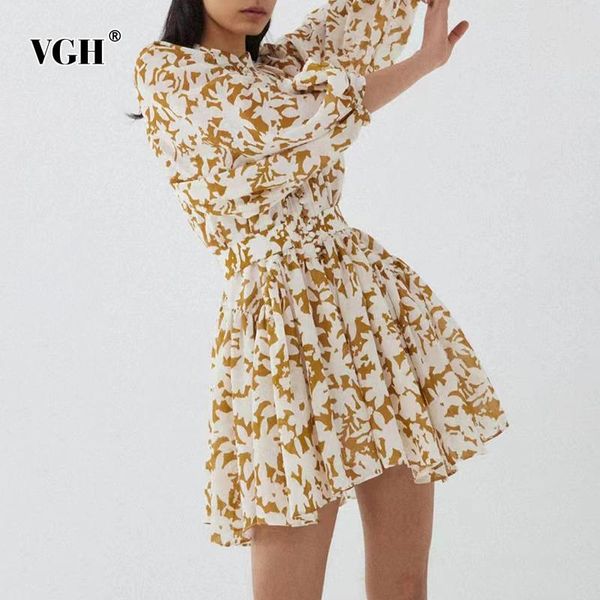 

casual dresses vgh vintage yellow print dress for women stand collar lantern long sleeve high waist ruched slim mini female 2021 summer, Black;gray