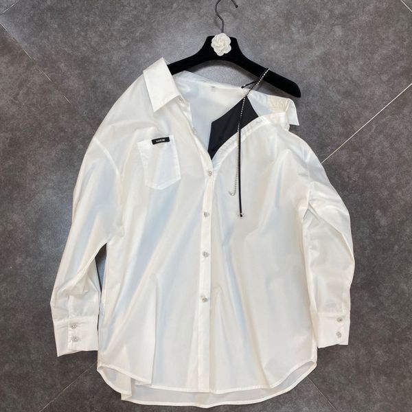 

spring arrivals white solid color long sleeve pokect decoration splicing drill shoulder belt shirt mz345 210525