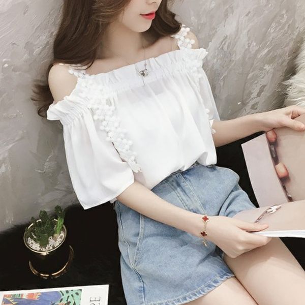 

summer chiffon women's slash neck short sleeve white blue solid female clothing blouse shirt 901f 210420