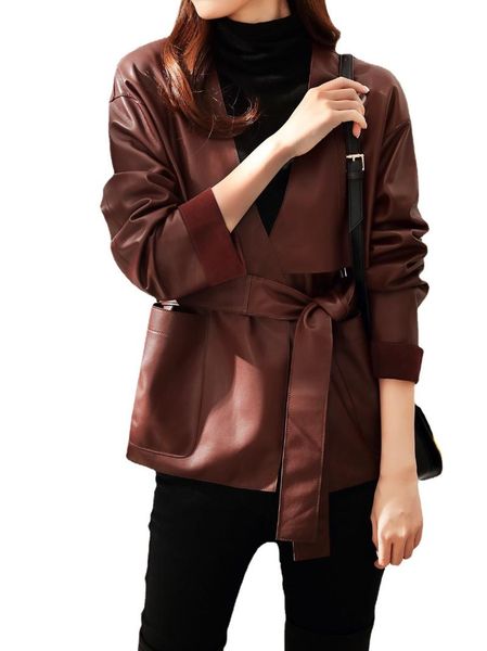 

spring french style waist down jacket, leather women's v-neck, slim and elegant short jacket jackets, Black;brown
