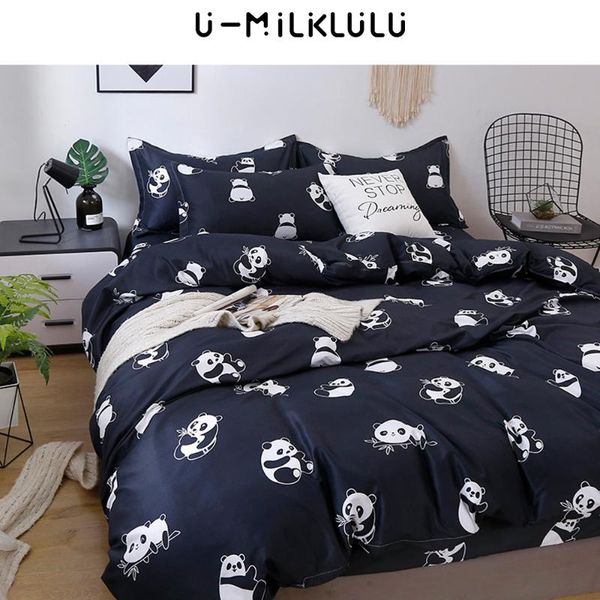 

bedding sets panda set kawaii sheet 150 single double  king size elastic duvet cover pillowcase black bed comforters 180x200