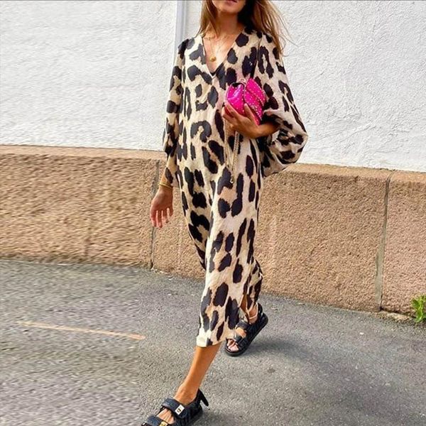 

s1sense 2021 women leopard print dress long maxi vestidos ladies vintage sleeve ruffles dresses v-neck casual, Black;gray
